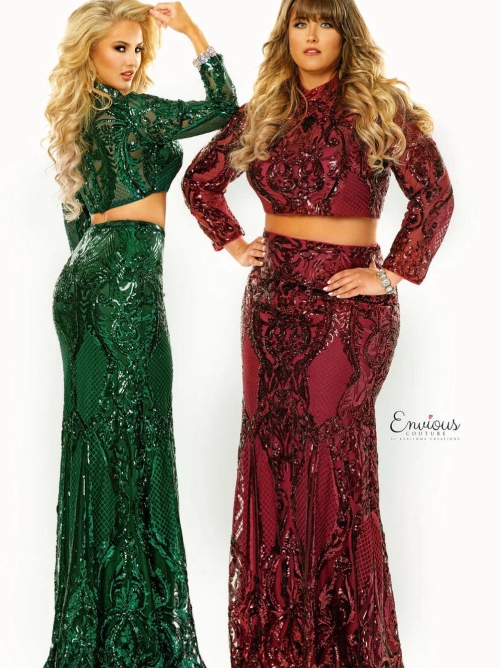 Embellished Two-Piece Sequin Gown Set in Emerald
